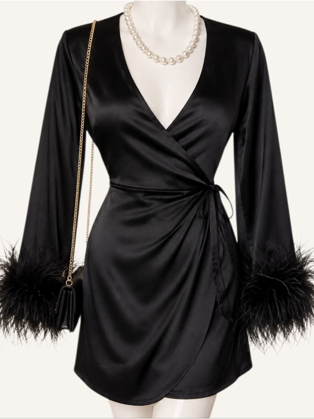 Glamorous Black Satin Feather Cuff Wrap Mini Dress Medium US 8 NWT